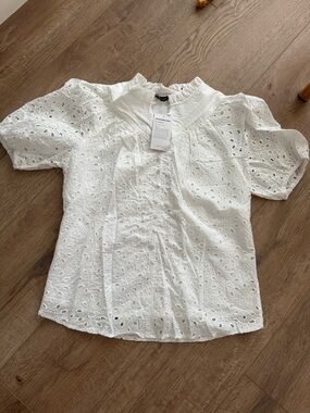 White Eyelet Puff Sleeve Blouse with Ruffled Neckline